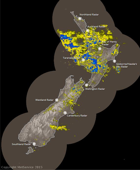 MetService rain radar image showing rain over New Zealand at 2.58pm on Sunday 15 November 2015